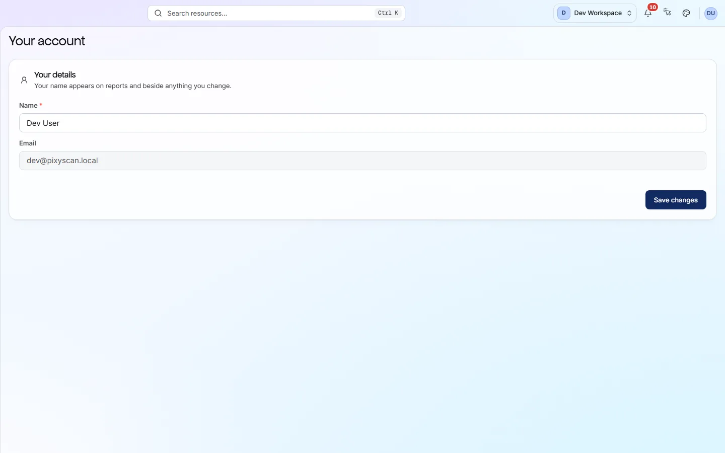 Your account on the Profile tab: a left column reading Profile, Security, Privacy and Appearance, and a Your details card with an editable name and a read-only email.