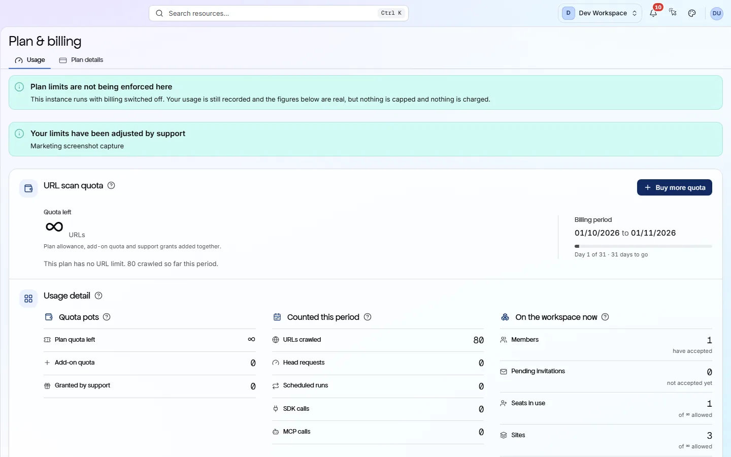 The Billing screen on the Usage tab: a URL scan quota card with quota left, the billing period and a per-day rate with a projection, then a usage detail row of quota pots, what was counted this period, and what is on the workspace now.