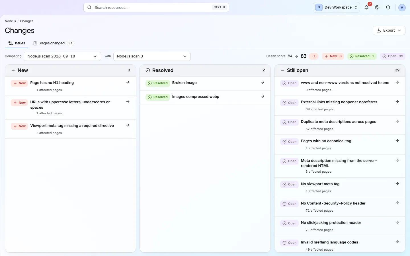 The Changes screen in the product: new, resolved and still-open problems between two scans.