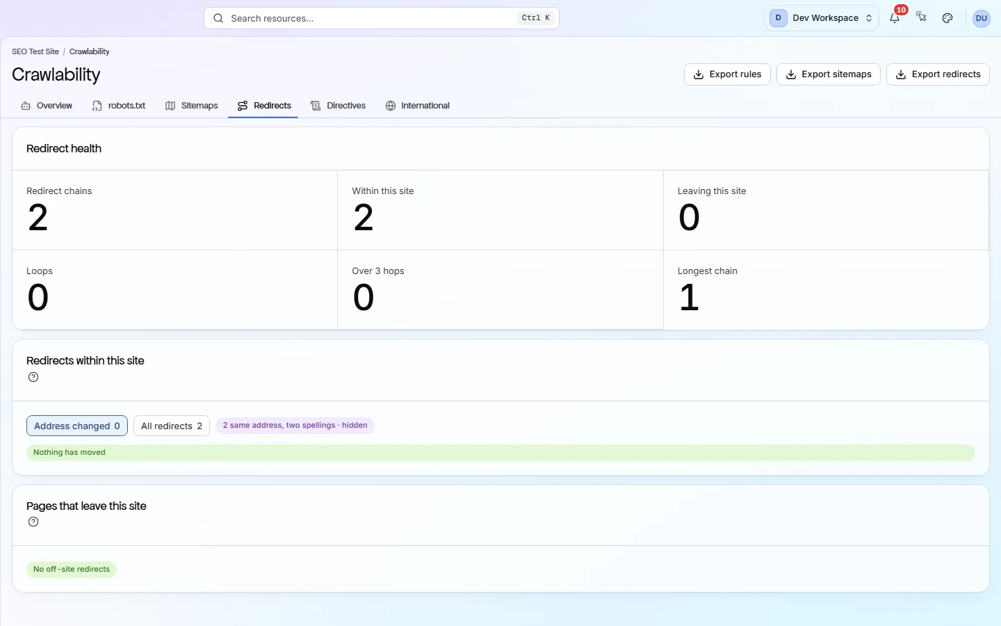 The Redirects tab: redirect counts, a list of redirects within the site, and off-site destinations.