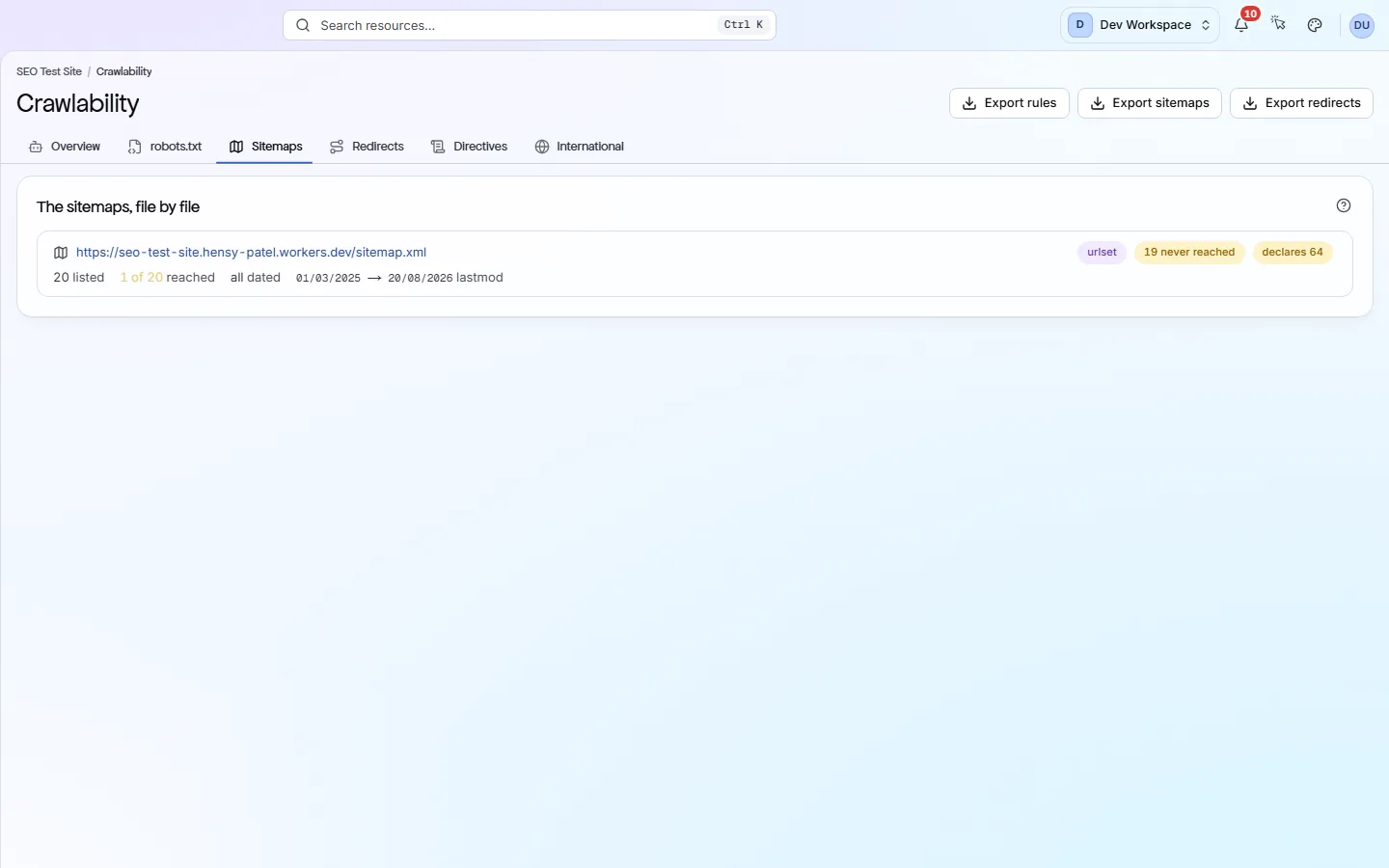 The Sitemaps tab: totals, then one row per sitemap file with its listed, reached and dated counts.