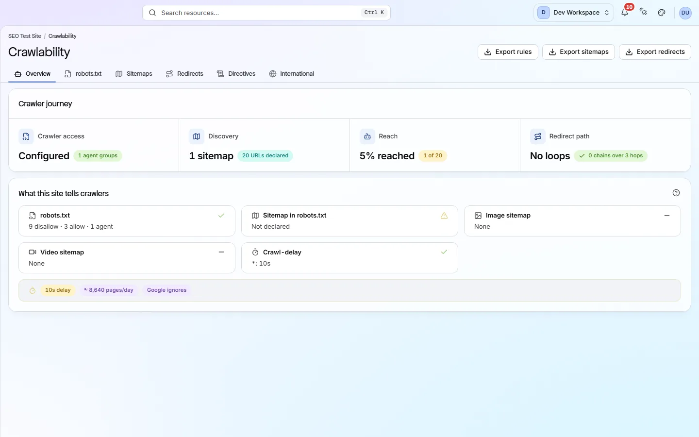 The Crawlability overview: the Crawler journey in four steps, above the site's crawl settings.