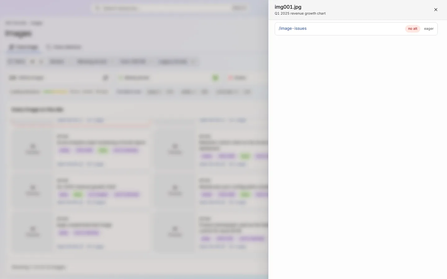 An image card expanded to list the pages that use the file, each linking to its page report.