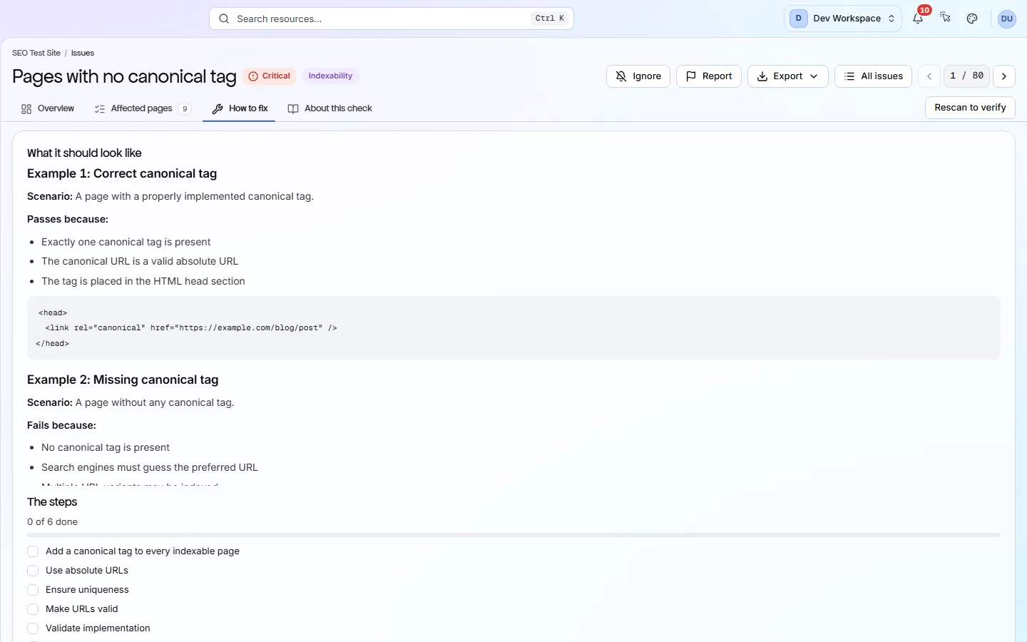The How to fix tab of a problem in the app: before-and-after examples, then the steps as a checklist.