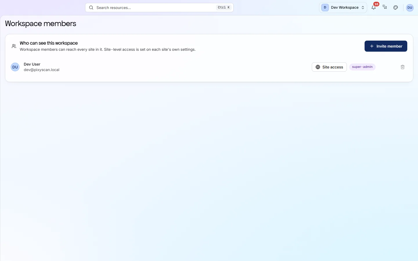 The workspace members screen: the member list with roles and an invite action.
