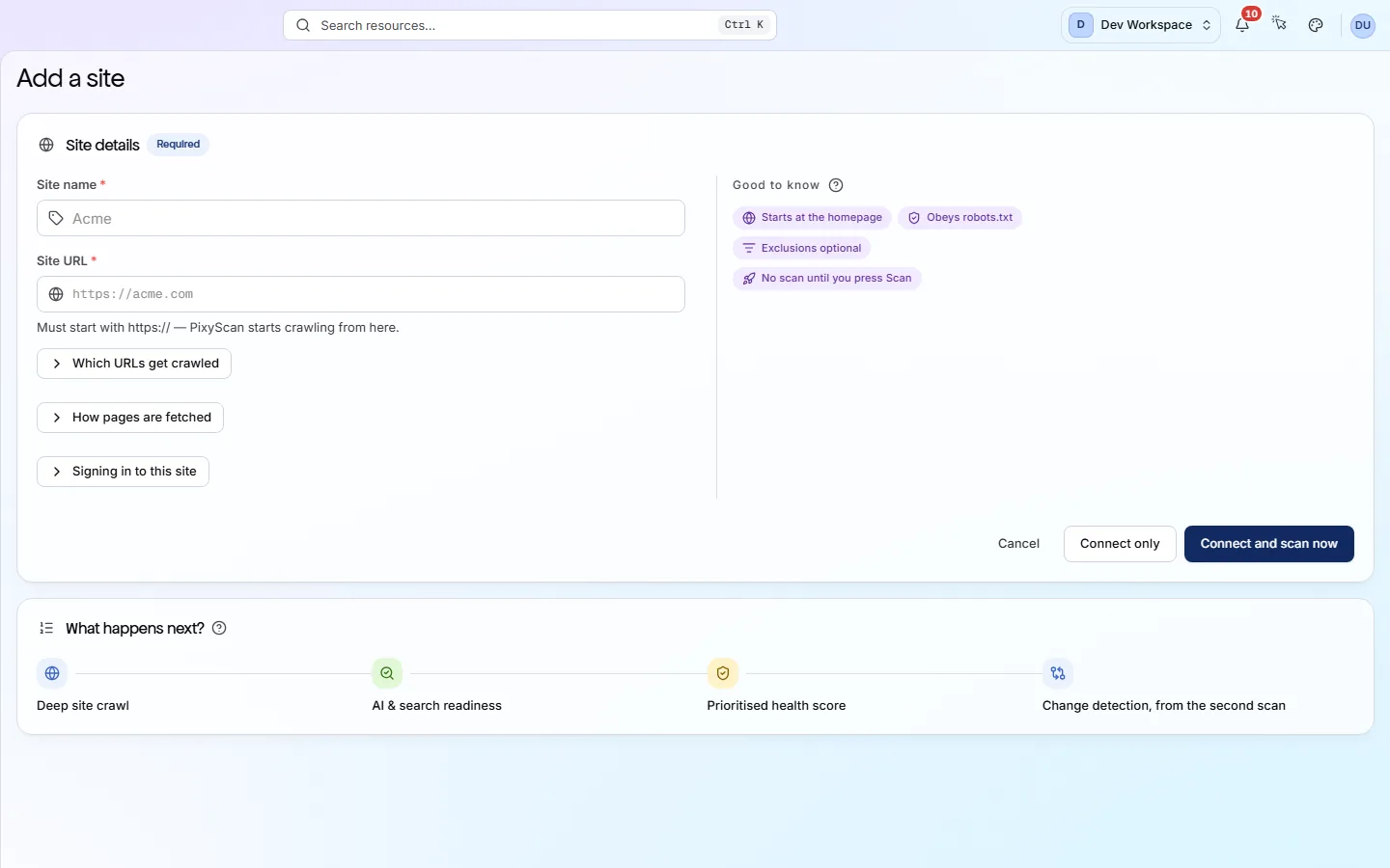 The add-a-site form: site URL, page budget, include and exclude patterns and the crawl options.