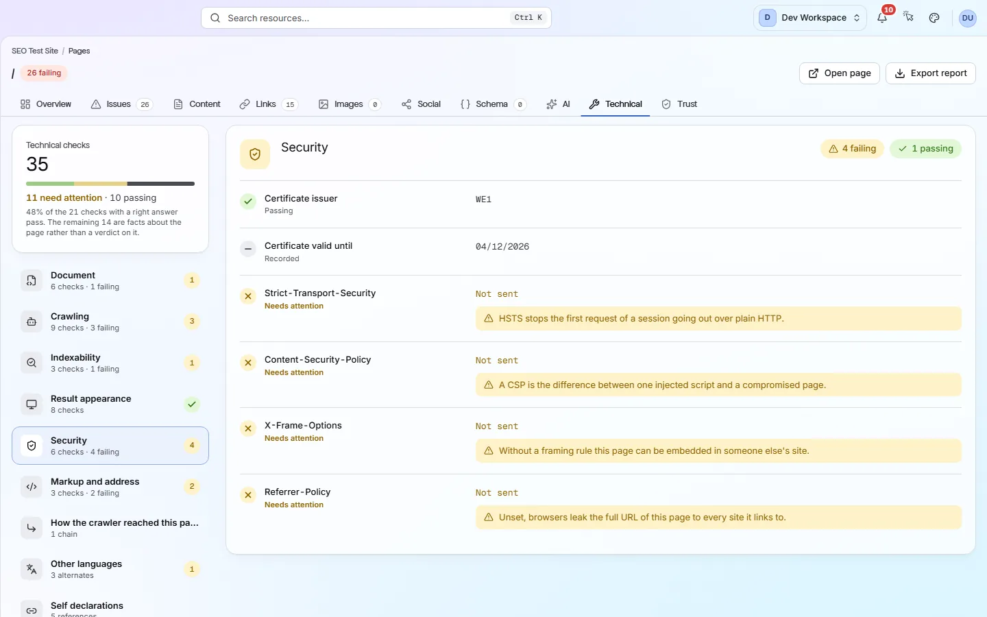 The Technical tab of a page report, with topics on the left and their checks on the right.