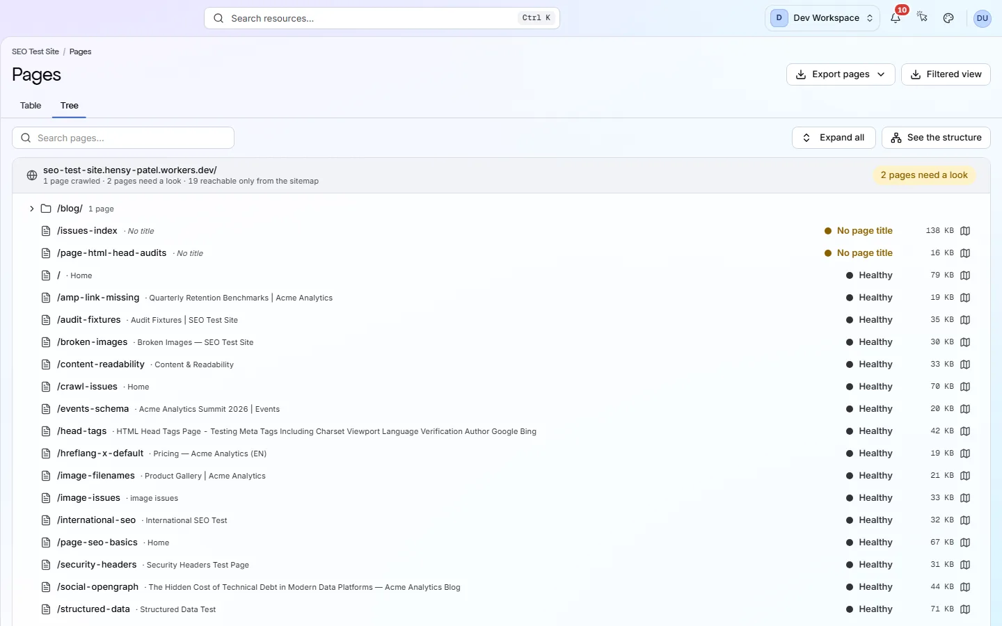 The Pages tree view: one row per folder, with a page count and an attention badge.