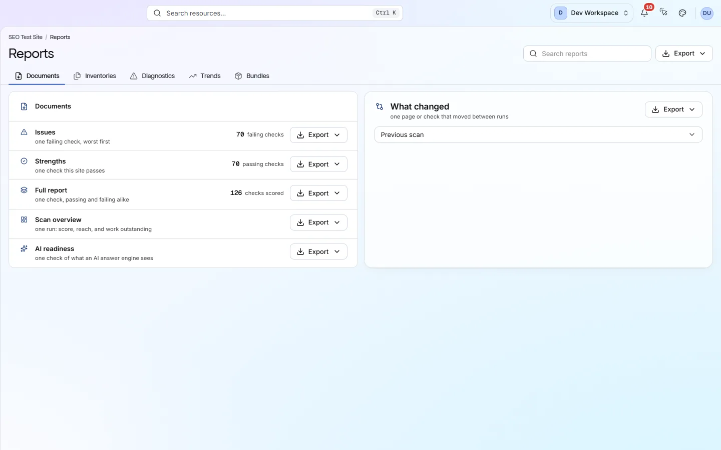 The Reports screen: Documents, Inventories, Diagnostics, Trends and Bundles tabs, a Documents card listing issues, strengths, full report, scan overview and AI readiness with an Export control on each, and a What changed panel with a run picker.