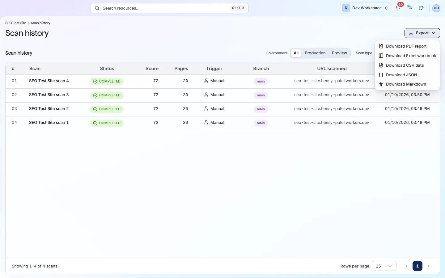 The scan history export menu open over the table of scans, offering PDF report, Excel workbook, CSV data, JSON and Markdown.