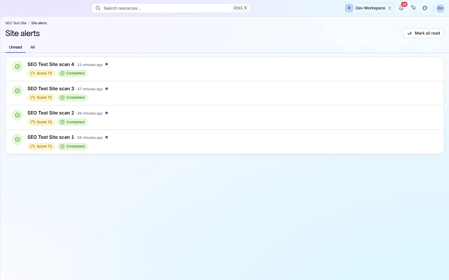 Site alerts: one alert per finished scan, with its score, the score change and any new critical issue.
