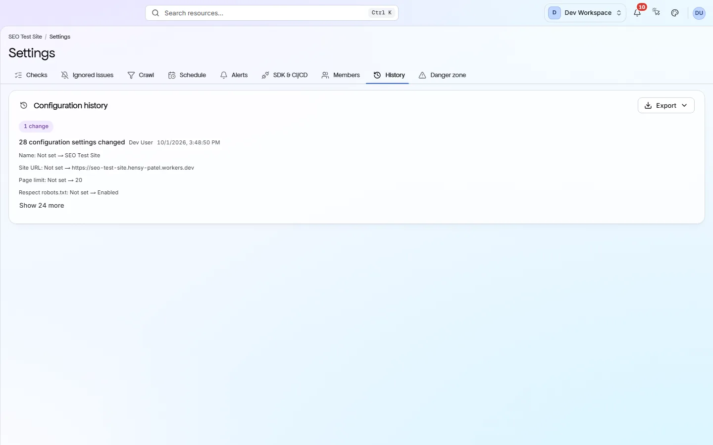 Site settings on the History tab: a list of configuration changes, each naming the account, the time and the settings that changed.
