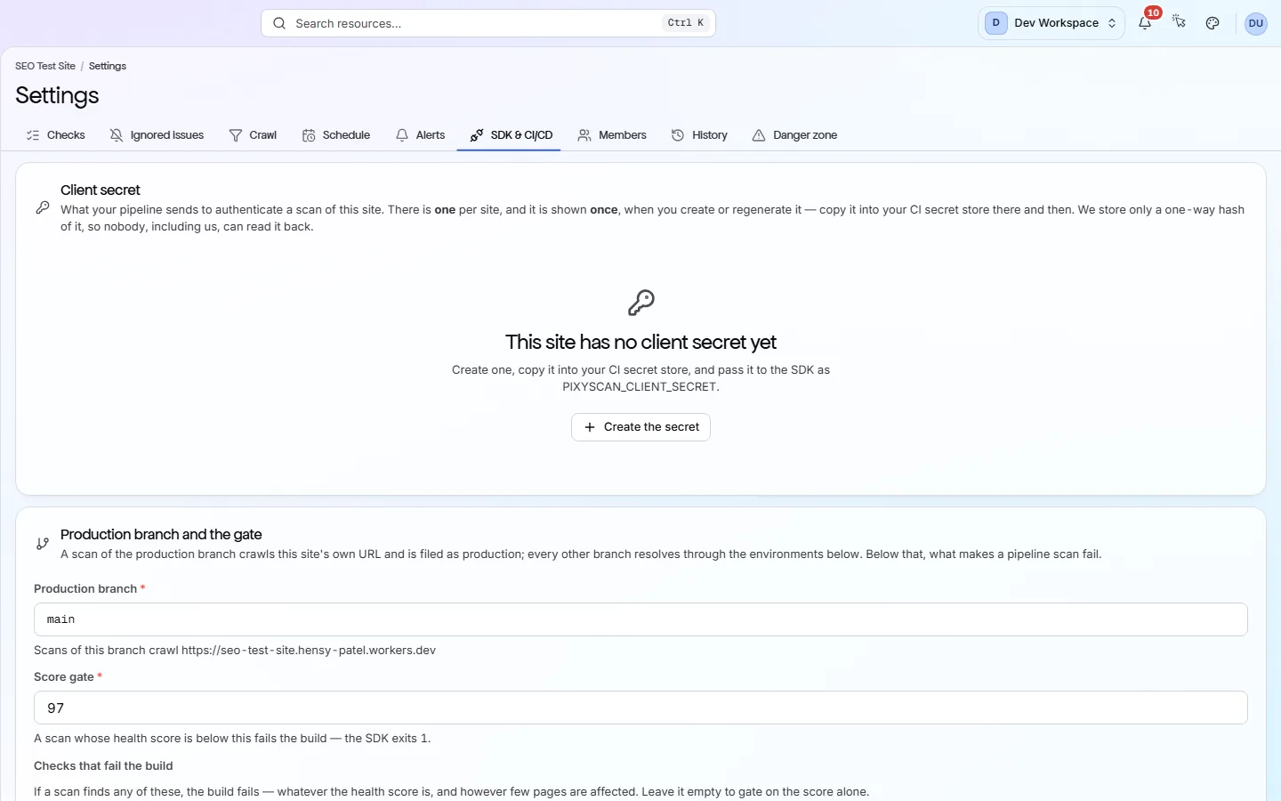 Site settings on the SDK & CI/CD tab: the client secret card and the live branch and score gate card.