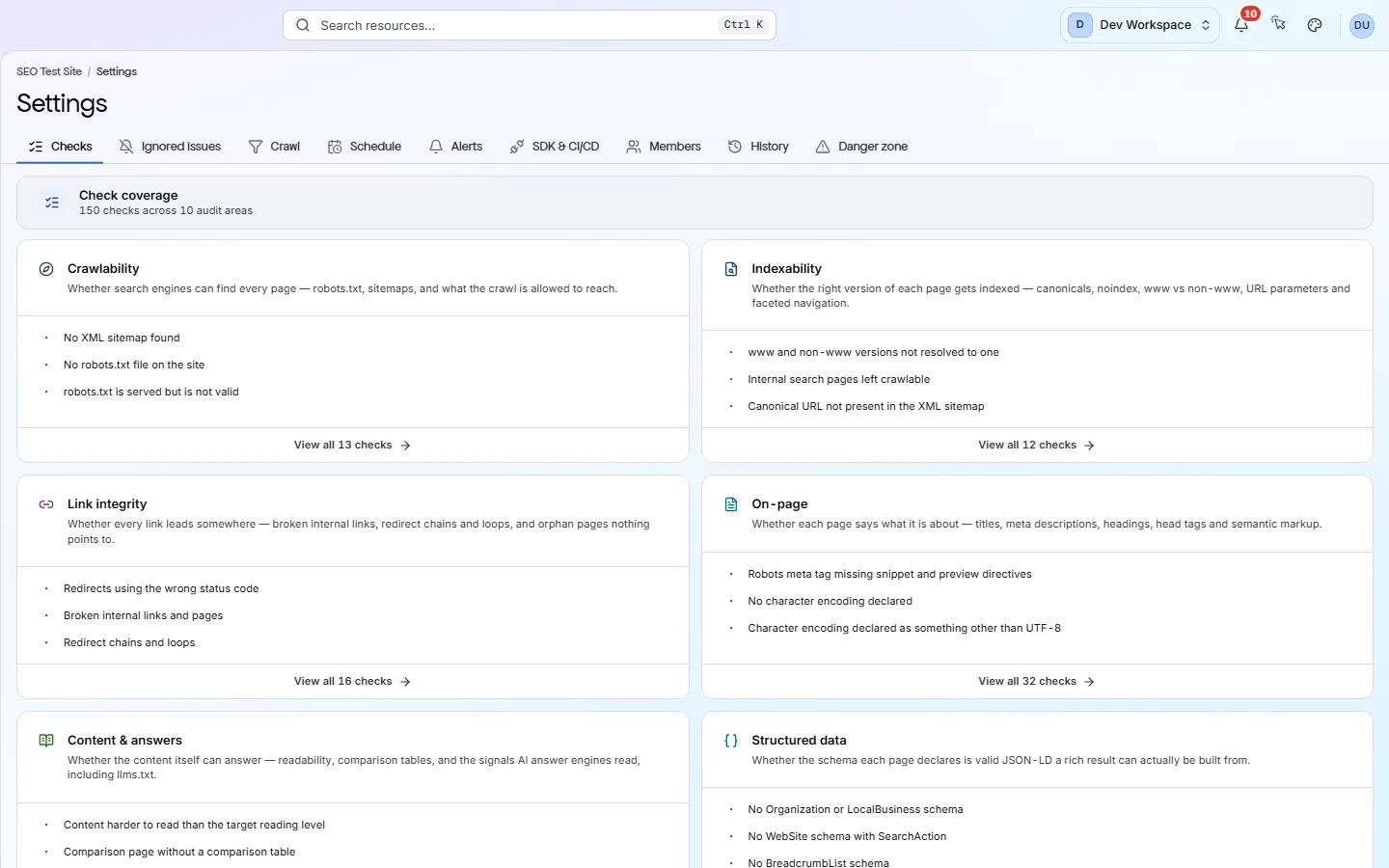 Site settings on the Crawl tab: the “Which URLs get crawled” card with include patterns, exclude patterns and their mode, crawl depth and page budget, under a tab strip reading Checks, Ignored issues, Crawl, Schedule, Alerts, SDK & CI/CD, Members, History and Danger zone.