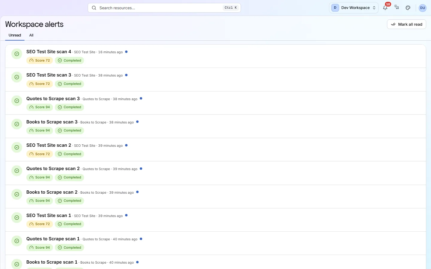 Workspace alerts: Unread and All tabs, Mark all read, then a row per scan with the site name, how long ago it ran, the score badge, any score movement and the completion status.