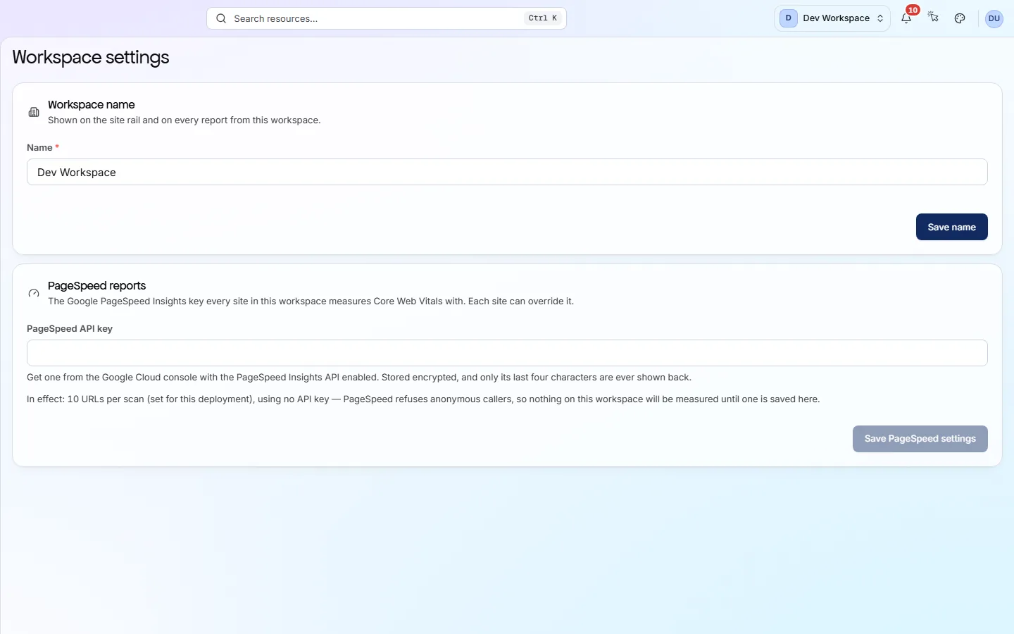 Workspace settings: a Workspace name card with a name field and Save name, then a PageSpeed reports card with an API key field and a line stating how many URLs per scan are measured.